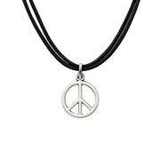 Peace symbol necklace on a black cord on a white background