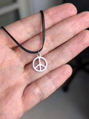 Peace necklace for men silver peace pendant cotton black string stainless steel custom size gift for him hippie boho jewelry waterproof
