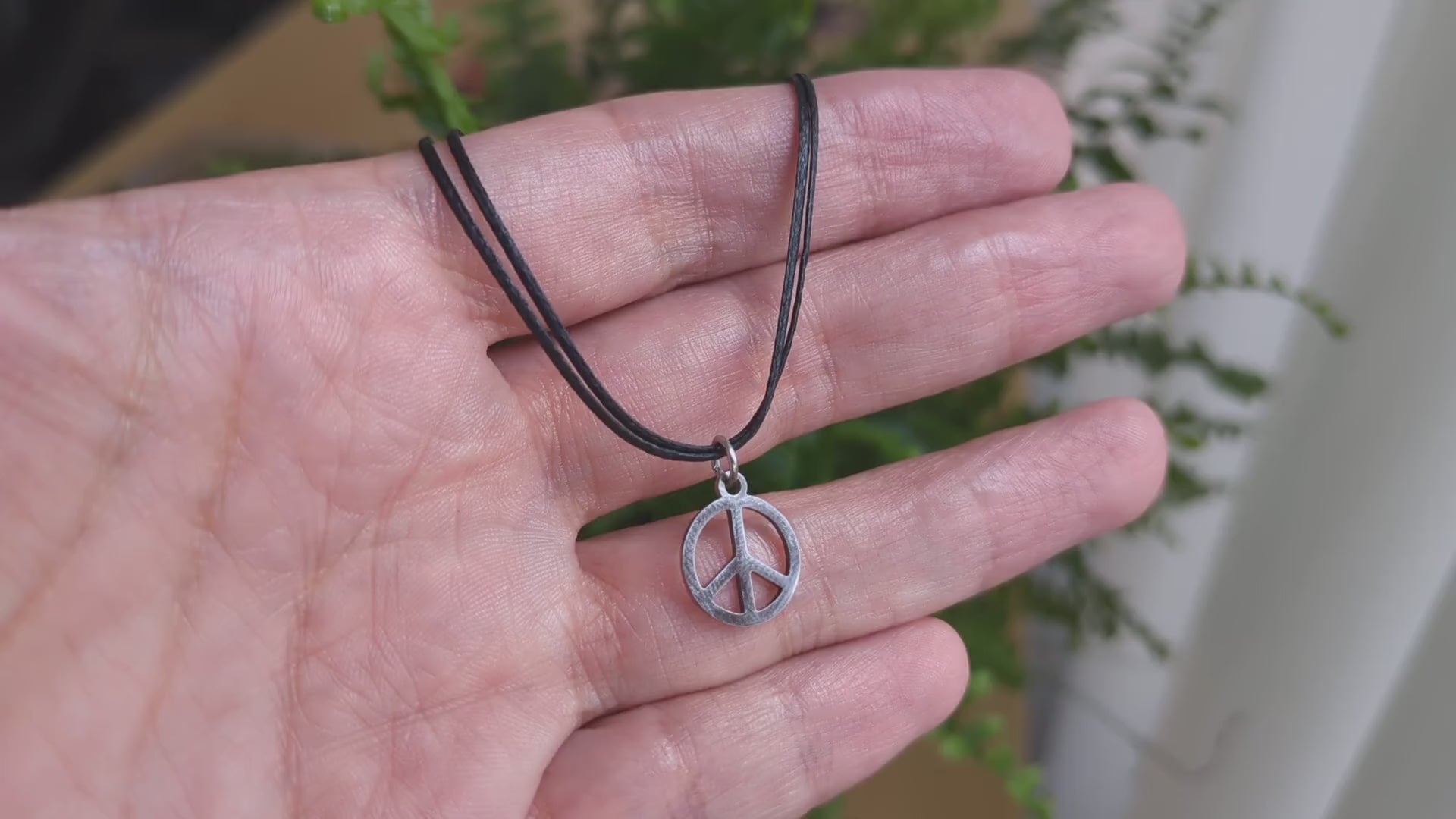 Peace necklace for men silver peace pendant cotton black string stainless steel custom size gift for him hippie boho jewelry waterproof