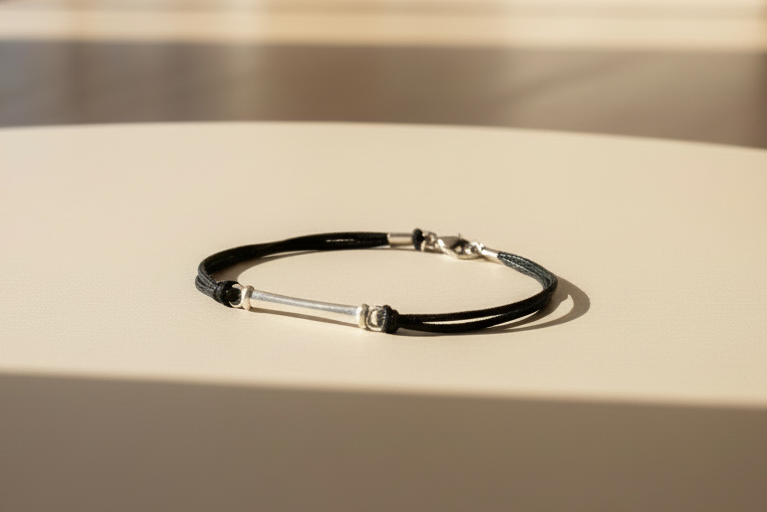 Bracelet on a light surface with a blurred indoor background