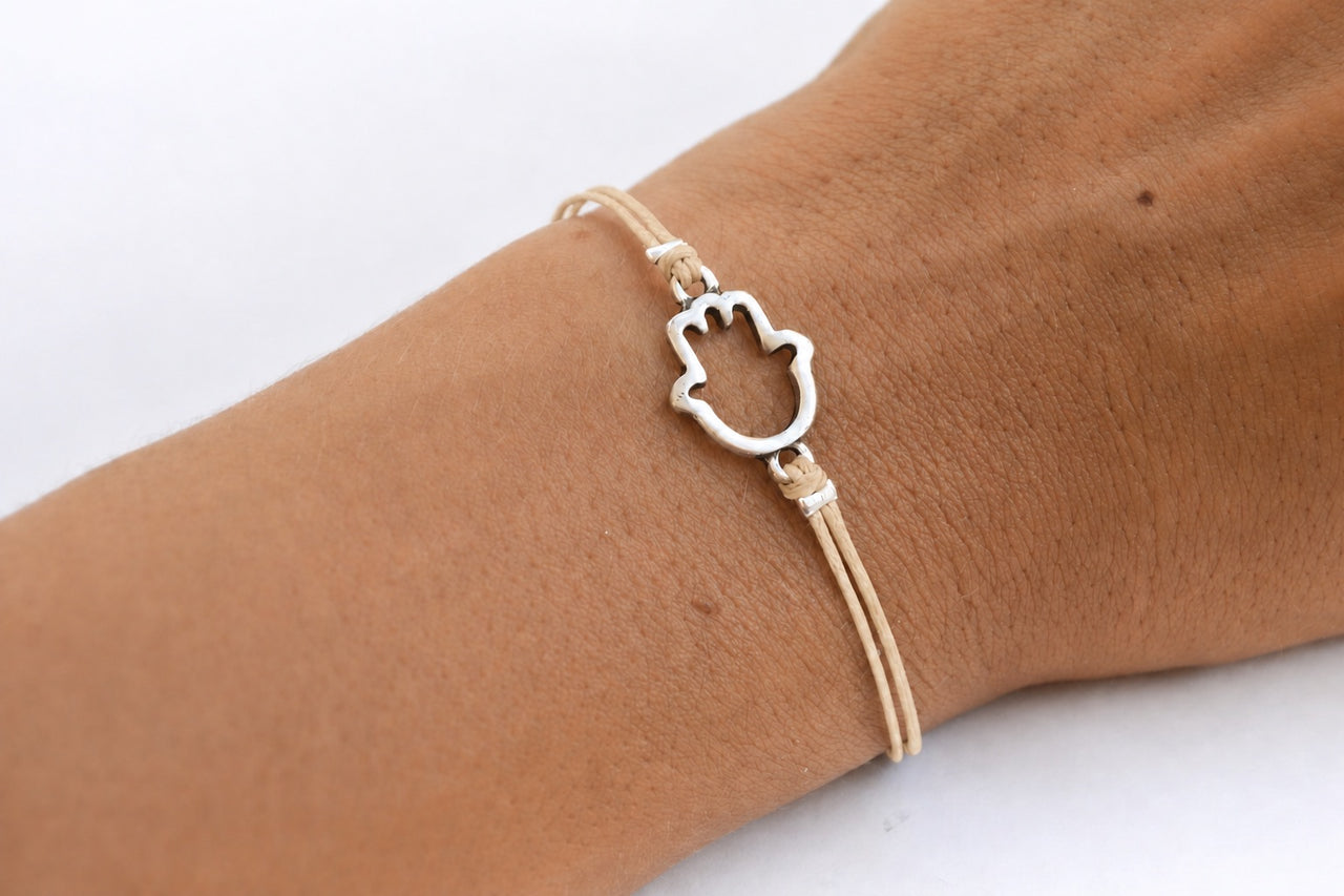 Silver Hamsa bracelet for women, beige cord, spiritual jewelry - shani-adi-jewerly