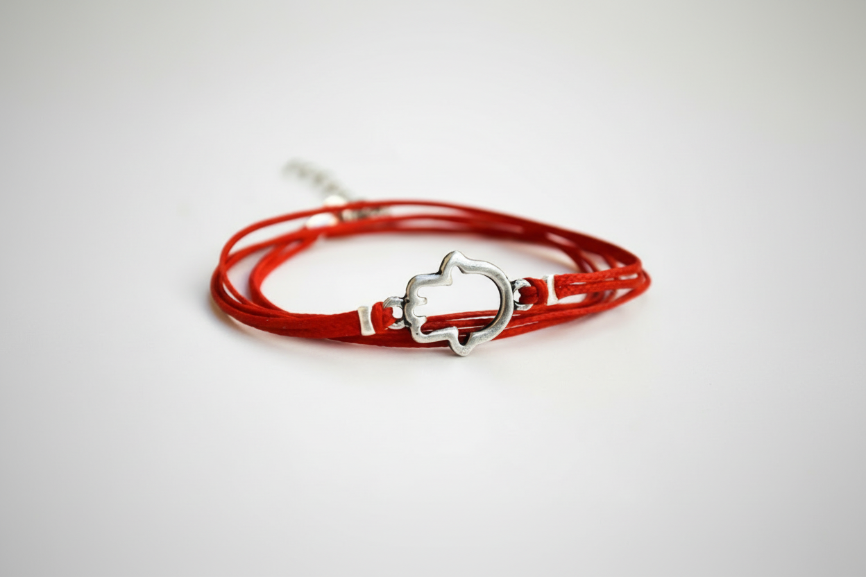 Red hamsa bracelet with a silver clasp on a light gray background