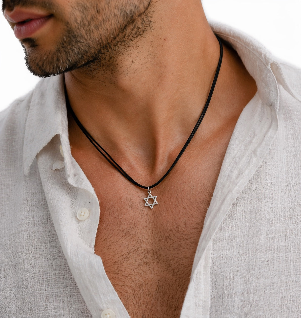 Man wearing a white shirt with a Star of David necklace.
