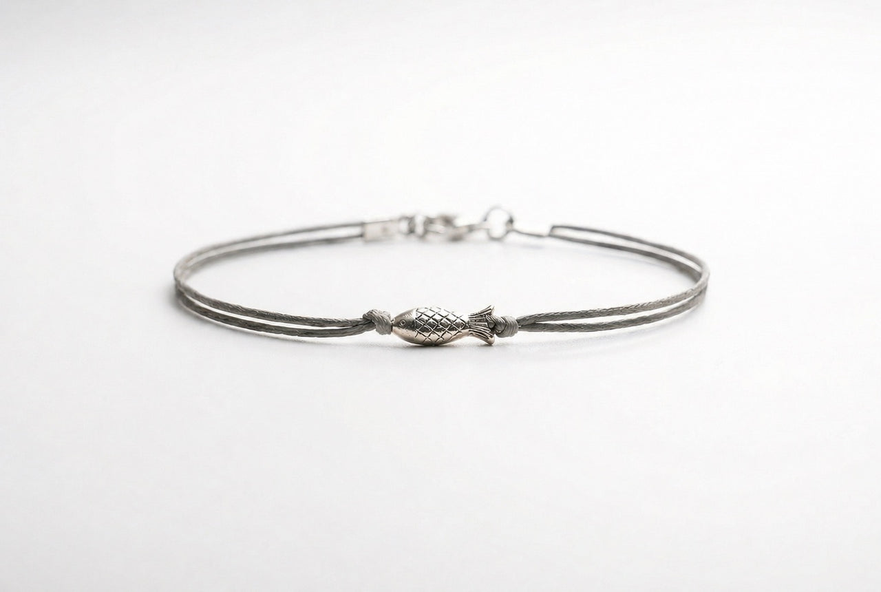 Fish bracelet for men, silver tone fish bead charm, custom size and color string, fishing gift for him, gray cord