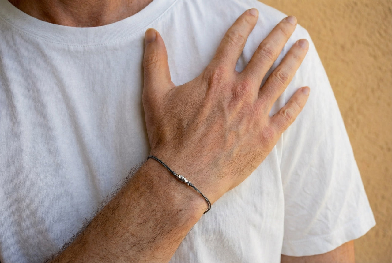 Fish bracelet for men, silver tone fish bead charm, custom size and color string, fishing gift for him, gray cord
