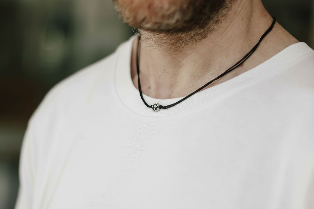 Person wearing a black necklace with a small peace pendant on a blurred background