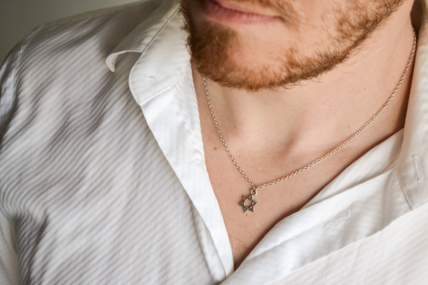 Star of David Necklace for Men Silver Plated David Shield Pendant Chain Necklace Custom Length Jewish Gift