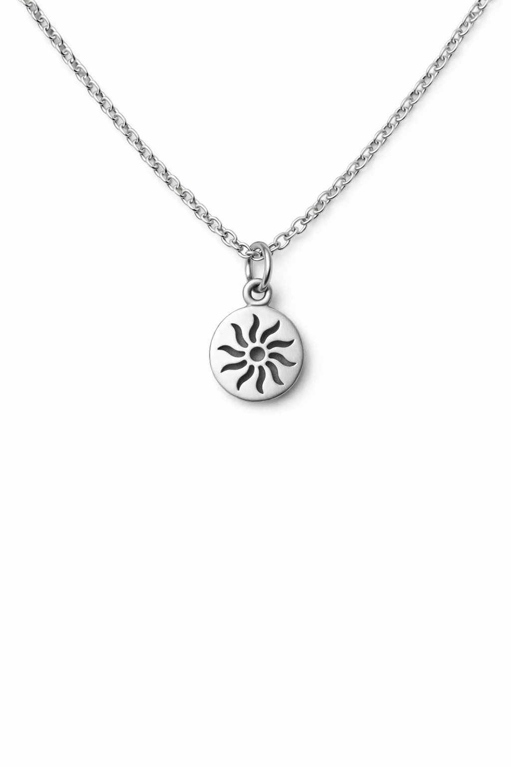 Silver chain necklace for men with a sun shaped pendant on a white background