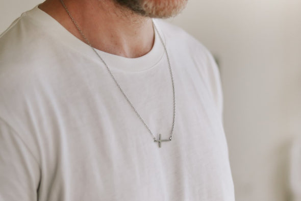 Sideways cross necklace for men, mens necklace waterproof cross pendant, silver chain groomsmen gift for him, christian catholic necklace