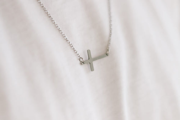 Sideways cross necklace for men, mens necklace waterproof cross pendant, silver chain groomsmen gift for him, christian catholic necklace