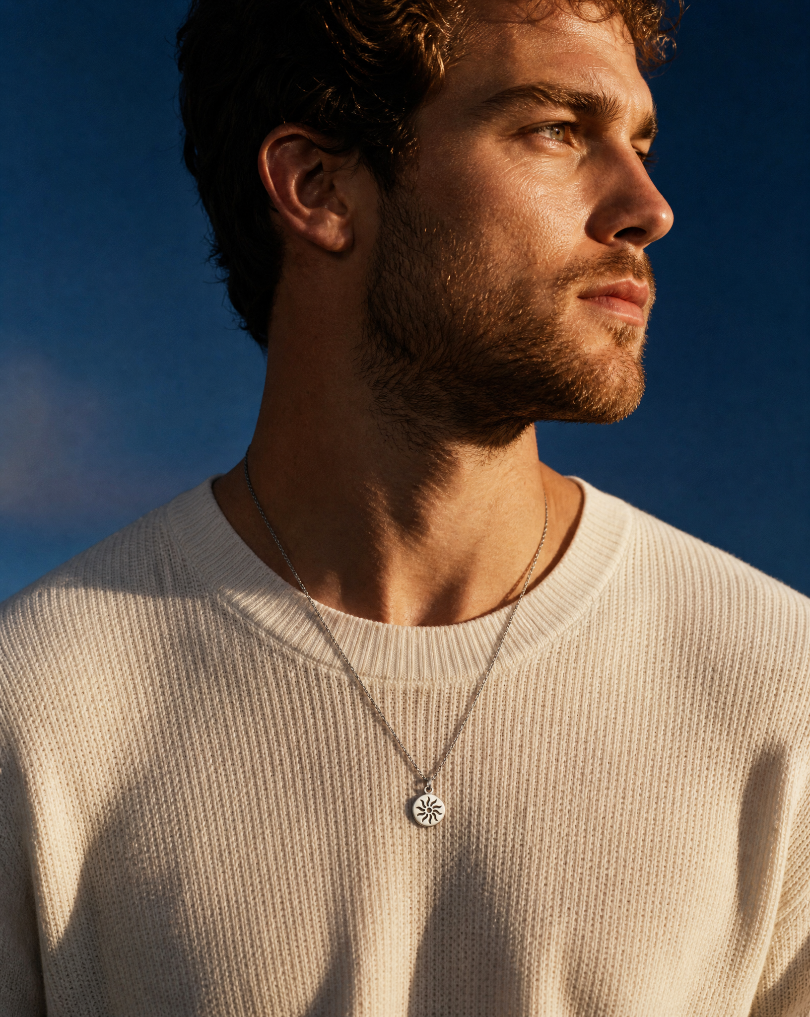 Sun necklace for men, silver tone circle pendant and a stainless steel chain necklace, waterproof custom jewelry, gift for him