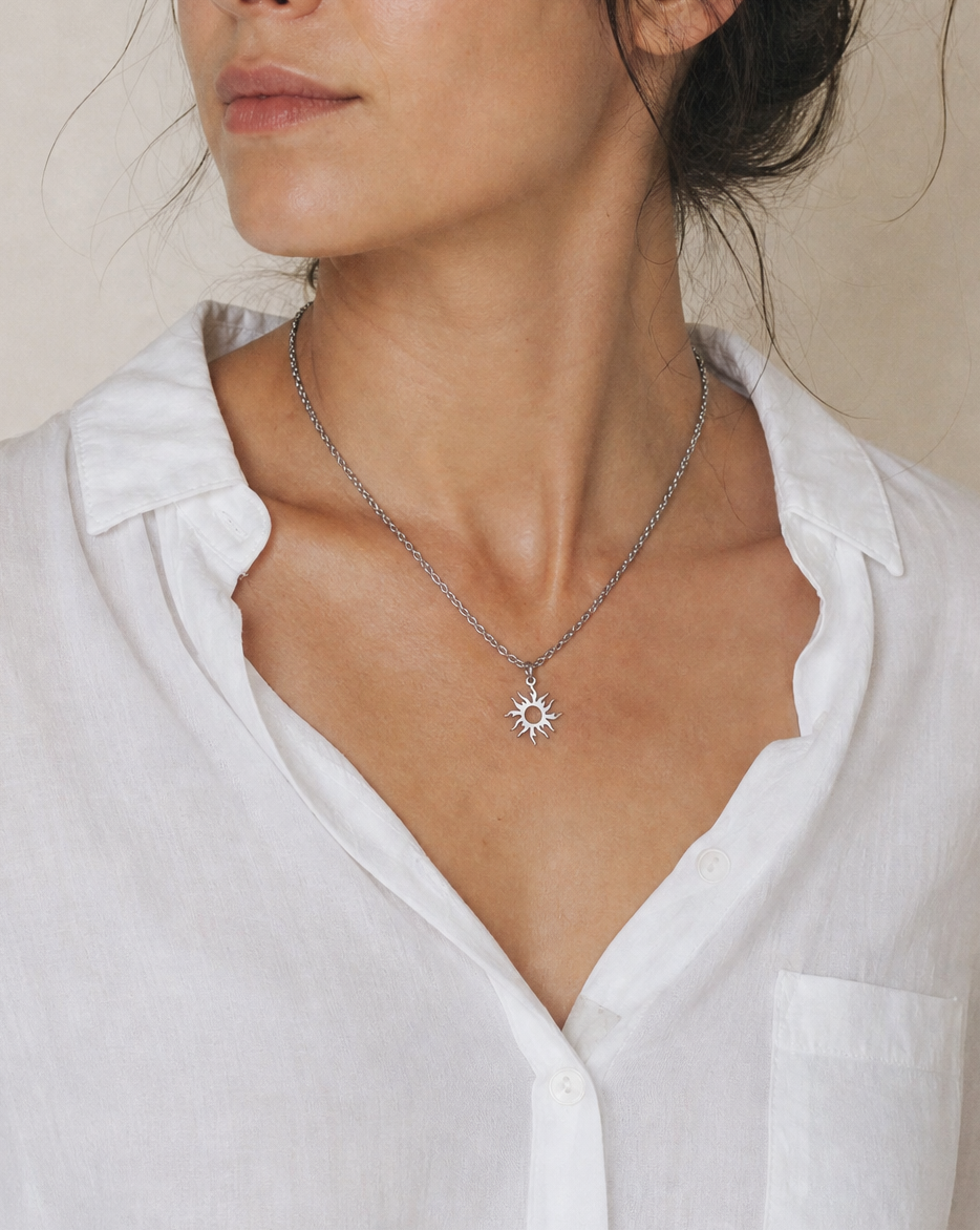 Silver sun necklace for women, stainless steel chain necklace, valentines day gift, waterproof jewelry