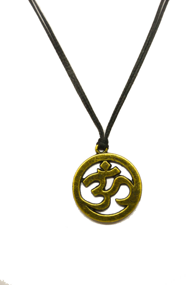 Herrenhalskette mit bronzefarbenem Om-Anhänger, schwarzer Kordel, Yoga-Schmuck für Männer, handgefertigt, als Geschenk verpackt