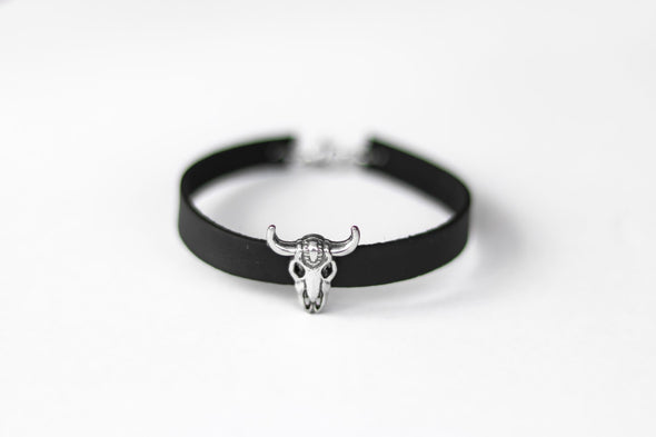 Bull skull bracelet for men with a black faux leather cuff strap, custom size, festival jewelry