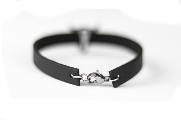 Bull skull bracelet for men with a black faux leather cuff strap, custom size, festival jewelry