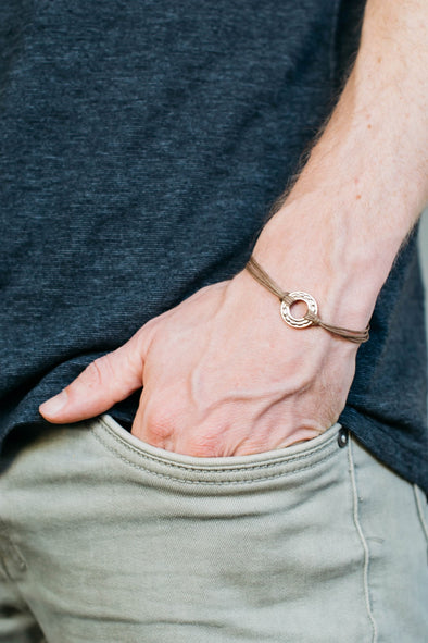 Adjustable silver karma circle bracelet for men, brown cord, yoga jewelry - shani-adi-jewerly