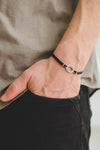 Bracelet for men, silver oval charm, black cord - shani-adi-jewerly