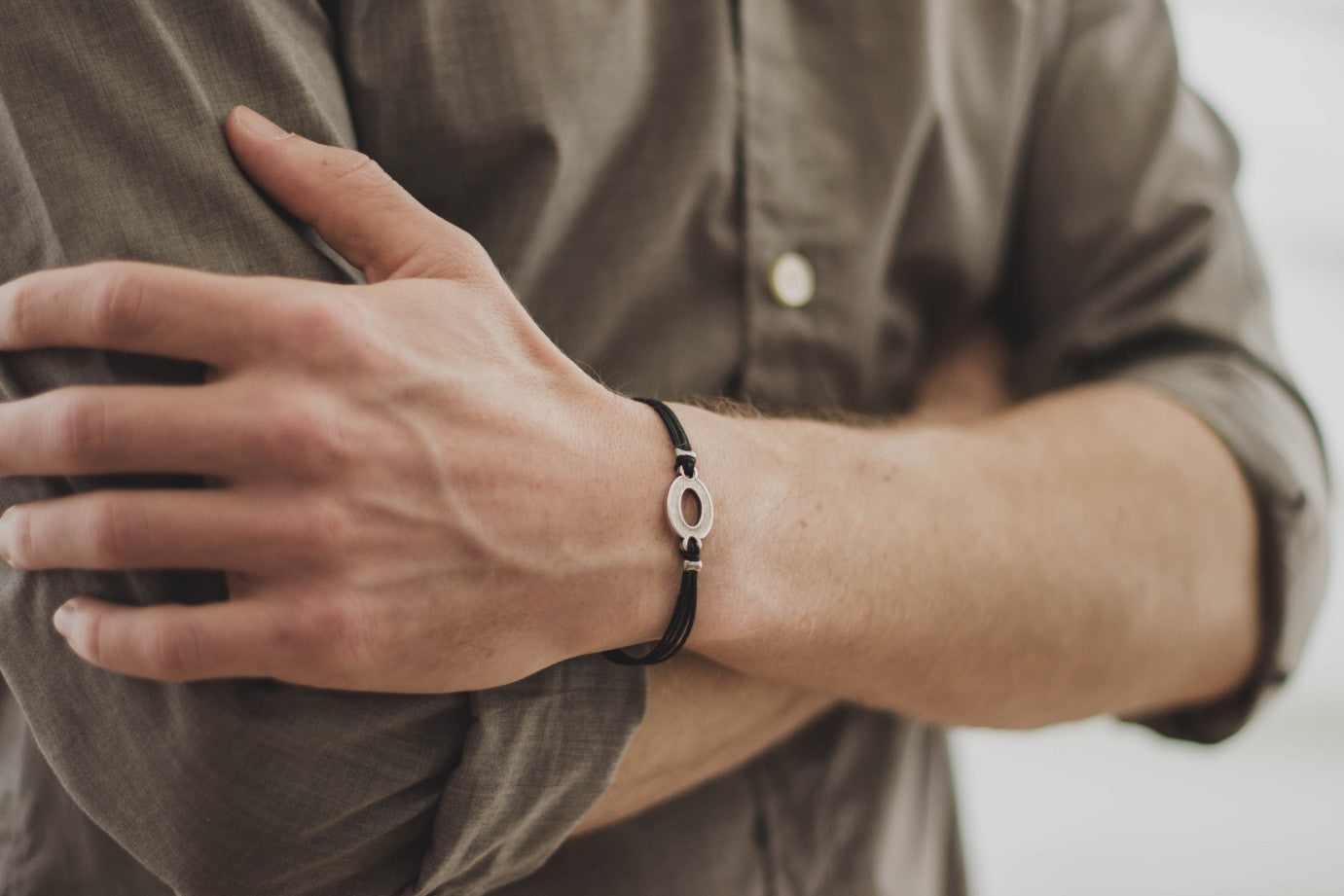 Bracelet for men, silver oval charm, black cord - shani-adi-jewerly