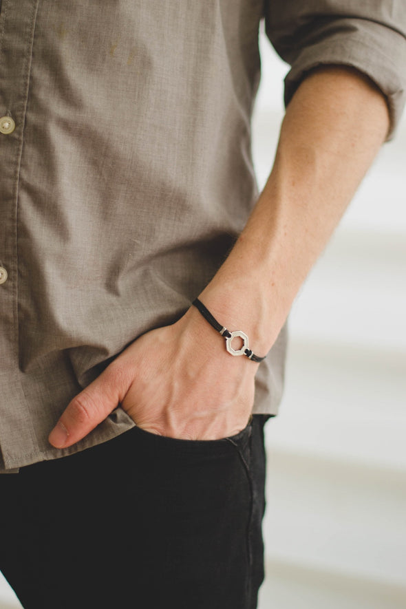 Bracelet for men, silver hexagon charm bracelet for him, black cord - shani-adi-jewerly