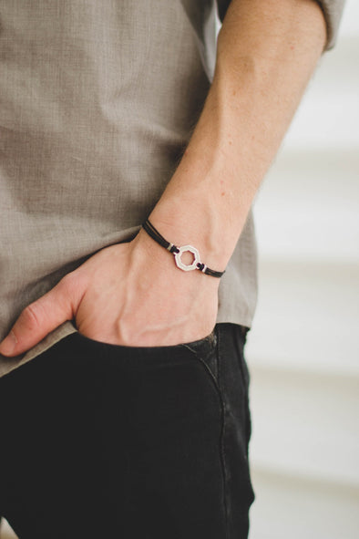 Bracelet for men, silver hexagon charm bracelet for him, black cord - shani-adi-jewerly