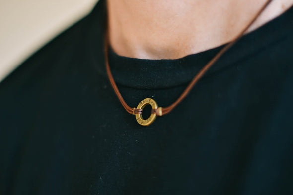 Bronze circle Believe necklace for men, brown cord, mens jewelry - shani-adi-jewerly