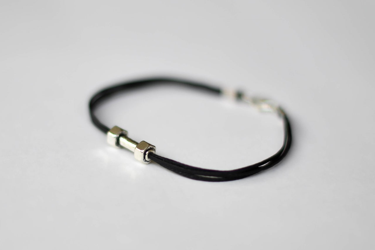 Silver Dumbbell bracelet for men, black cord, weights charms, workout jewelry for him - shani-adi-jewerly