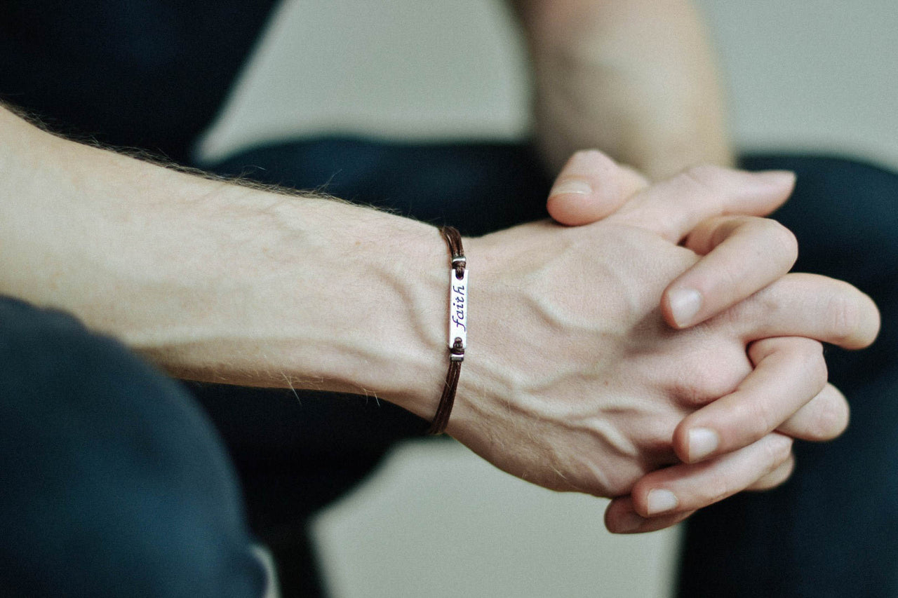 Silver Faith charm bracelet for men, brown cord, fathers day gift for him - shani-adi-jewerly