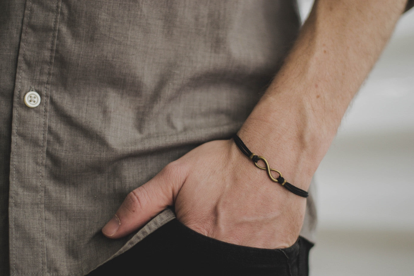 Bronze Infinity bracelet for men, black cord -  for him - shani-adi-jewerly