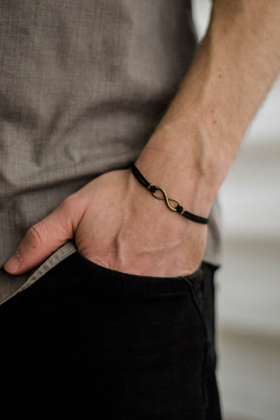 Bronze Infinity bracelet for men, black cord -  for him - shani-adi-jewerly