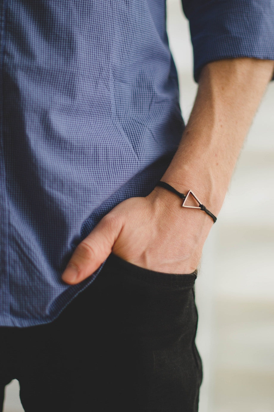Silver triangle bracelet for men, mens bracelet with a black cord - shani-adi-jewerly