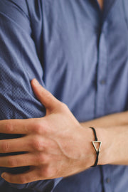 Silver triangle bracelet for men, mens bracelet with a black cord - shani-adi-jewerly