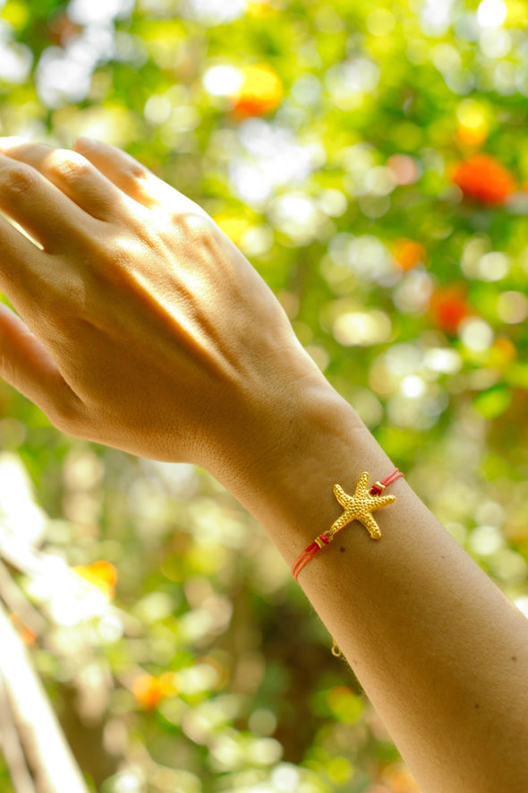 Gold starfish bracelet red cord womens bracelet - shani-adi-jewerly