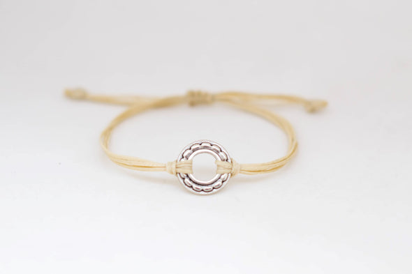 Adjustable silver karma circle bracelet for men, beige cord, yoga jewelry - shani-adi-jewerly