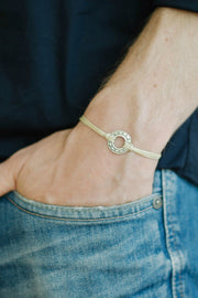 Adjustable silver karma circle bracelet for men, beige cord, yoga jewelry - shani-adi-jewerly