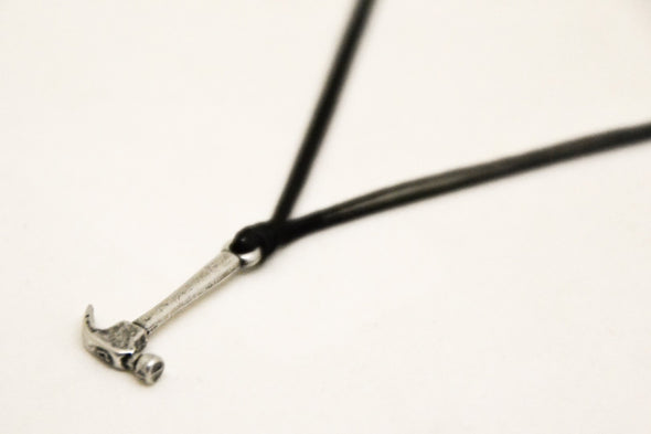 Silver hammer necklace for men, black cord - shani-adi-jewerly