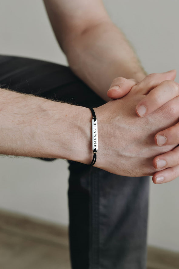 Silver Namaste charm bracelet for men, black cord, gift for him - shani-adi-jewerly