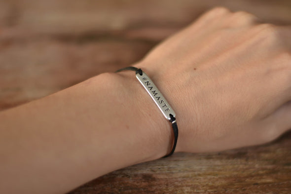 Silver Namaste bracelet for women, black cord, yoga jewelry, gift for her - shani-adi-jewerly