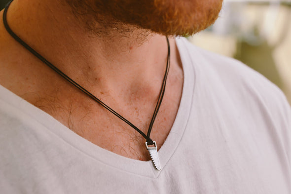 Silver Saw necklace for men, black cord - shani-adi-jewerly