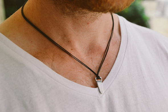 Silver Saw necklace for men, black cord - shani-adi-jewerly