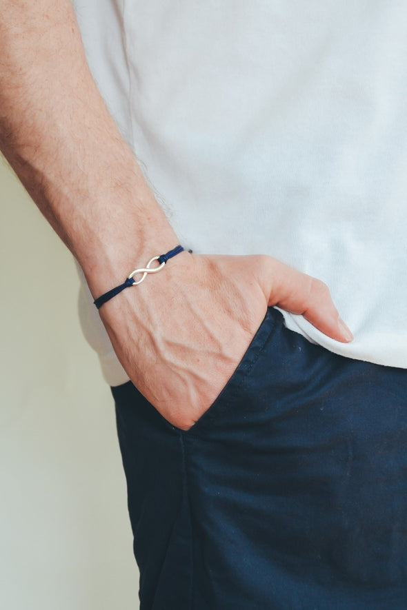 Adjustable silver infinity bracelet for men, blue cord, yoga jewelry - shani-adi-jewerly