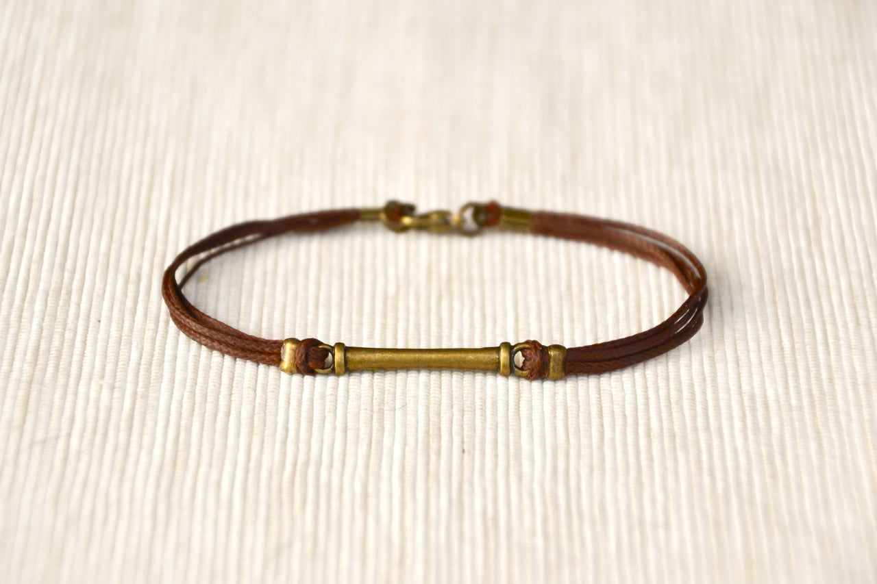 Brown cord bracelet for men with long bronze bar - shani-adi-jewerly