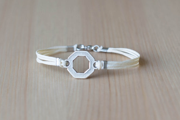 Bracelet for men, silver hexagon charm bracelet for him, beige cord, fathers day gift for him - shani-adi-jewerly