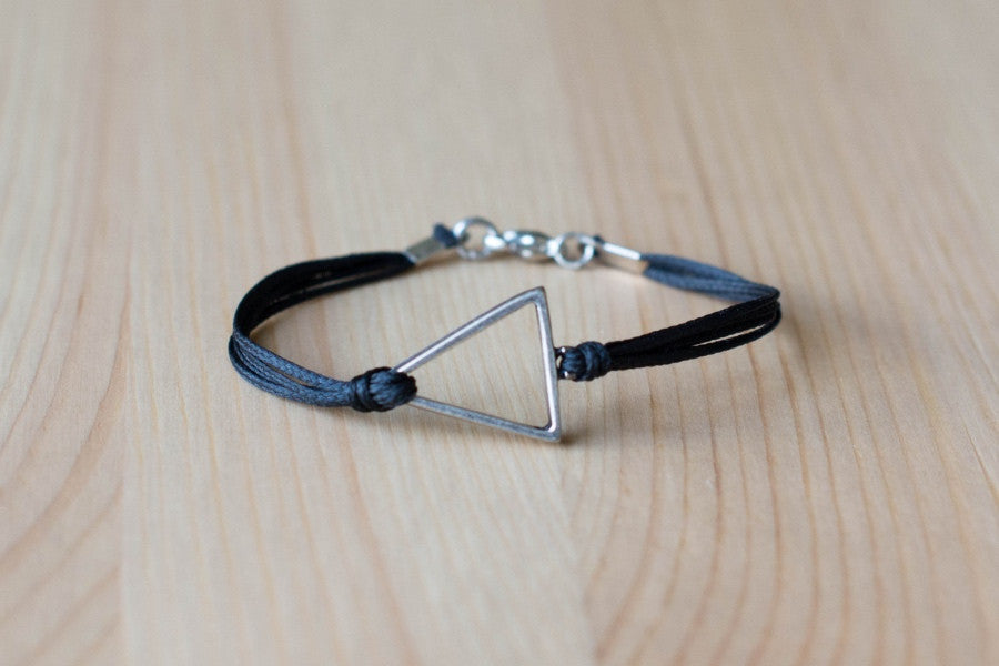 Silver triangle bracelet for men, mens bracelet with a black cord - shani-adi-jewerly