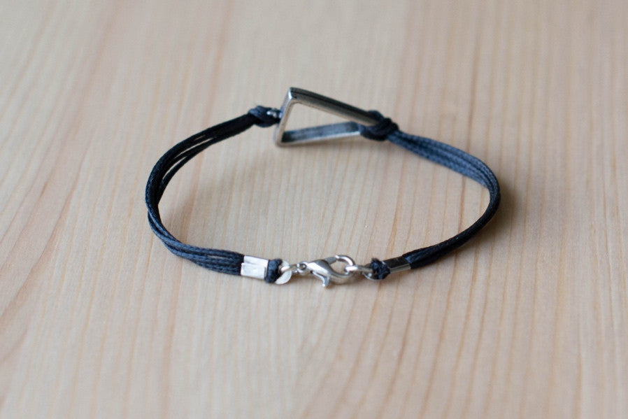 Silver triangle bracelet for men, mens bracelet with a black cord - shani-adi-jewerly