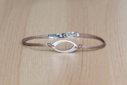 Bracelet for men, stainless steel oval charm, brown cord, waterproof bracelet - shani-adi-jewerly