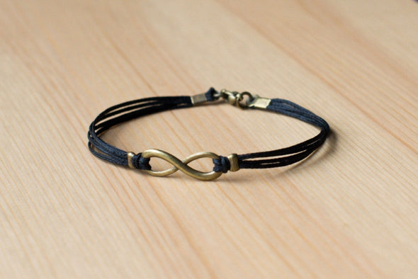 Bronze Infinity bracelet for men, black cord -  for him - shani-adi-jewerly