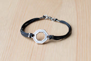 Bracelet for men, silver hexagon charm bracelet for him, black cord - shani-adi-jewerly