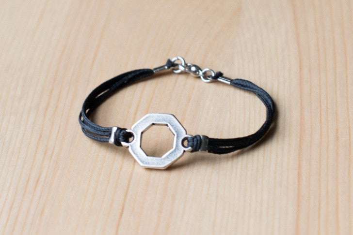 Bracelet for men, silver hexagon charm bracelet for him, black cord - shani-adi-jewerly