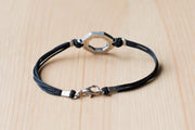 Bracelet for men, silver hexagon charm bracelet for him, black cord - shani-adi-jewerly