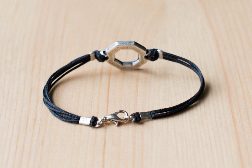 Bracelet for men, silver hexagon charm bracelet for him, black cord - shani-adi-jewerly